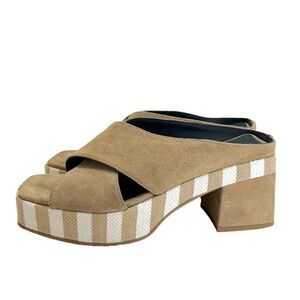 Brenda Zaro Square Toe Tan & White Striped Platform Suede Block Heel Sandals